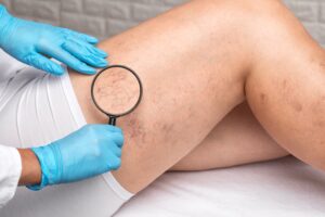 A doctor holding up a magnifying glass to examine a patient’s spider veins